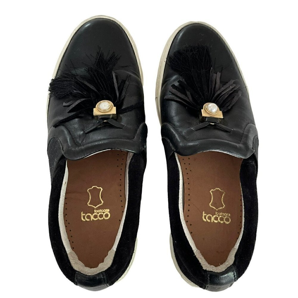 Lanvin Paris Women's Slip On Leather Sneakers Sz  9 Black Leather Tasseled - Picture 3 of 11